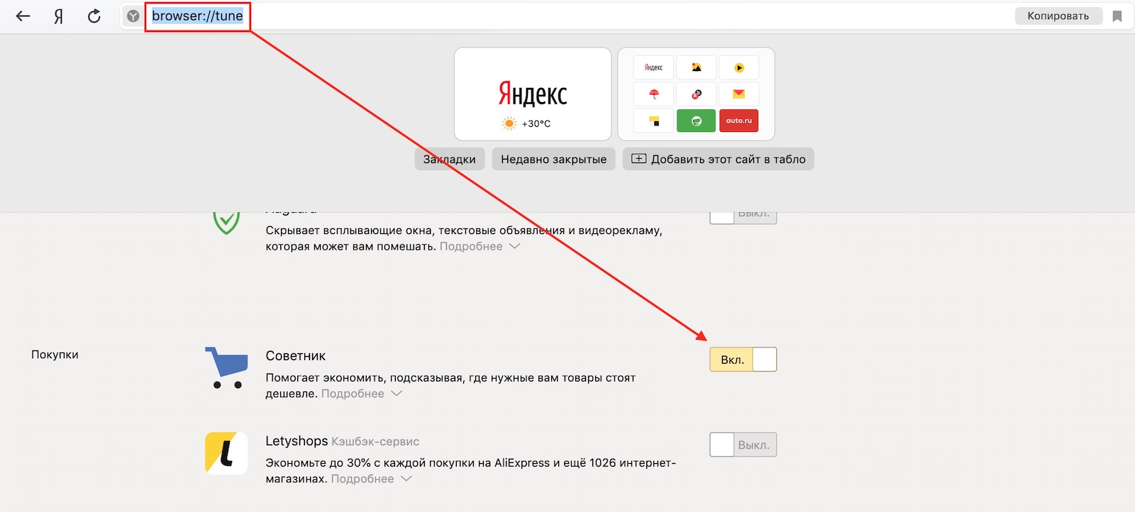 отключение Советника в Яндекс Браузере